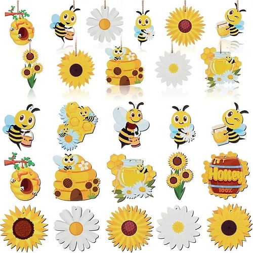 

30pcs Creative Bee Sunflower Wooden Summer Party Decorations Cute Animal Tree Hanging Decorations Party Home Decorations Home Decor Room Decor Patio Garden Decor Summer Hawaiian Party Decor