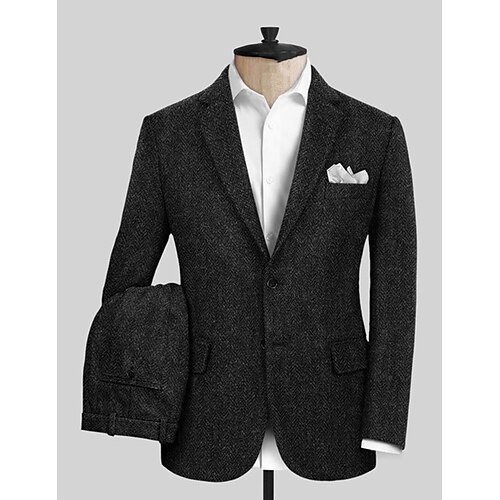 

Black Men's Wedding Tweed Suits Herringbone 2 Piece Retro Vintage Plus Size Single Breasted Two-buttons 2023