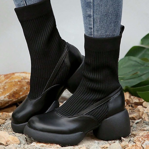 

Women's Boots Sweater Boots Comfort Shoes Daily Platform Chunky Heel Classic Comfort Minimalism Faux Leather Elastic Fabric Black Brown