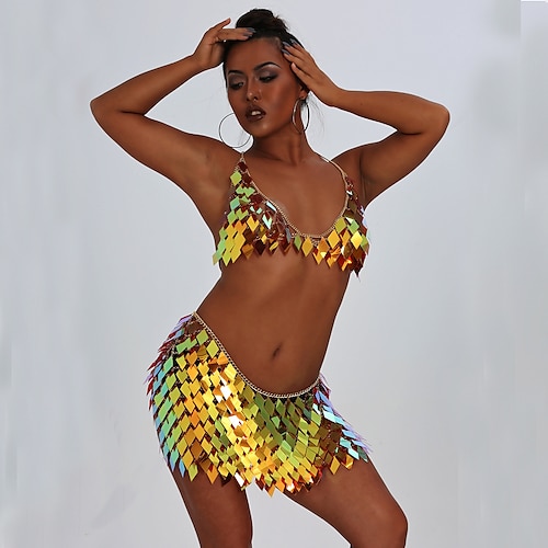 

Metálico Sem Costas Brilhante Sensual Top Saia Regata recortada Discoteca Mulheres Cosplay Ocasiões Especiais Carnaval Festa Bandagem Saia