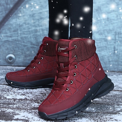 

Women's Boots Snow Boots Waterproof Boots Daily Solid Color Fleece Lined Booties Ankle Boots Winter Flat Heel Round Toe Plush Casual Comfort Elastic Fabric Lace-up Black Burgundy Blue