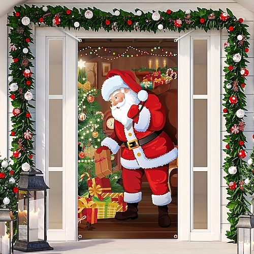 

Christmas Santa Claus Xmas Door Covers Door Tapesty Door Curtain Decoration Backdrop Door Banner for Front Door Farmhouse Christmas Holiday Party Decor Supplies