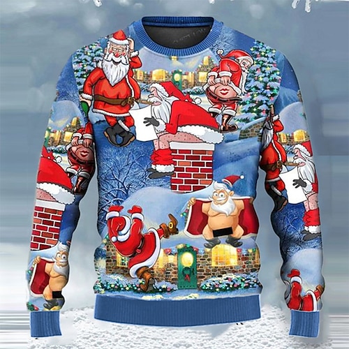 

Papai Noel Casual Homens Imprimir Tricôt Suéter de Natal feio Pulôver suéter Roupa de Malha Ao ar livre Diário Férias Natal Manga Longa Crewneck Suéteres Azul Outono Inverno S M L Suéteres