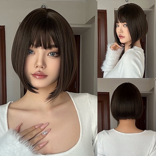 

12Inch Synthetic Wigs For Women's Wig Purple Short Curly Bobo Hair with Bangs Daily Fresh Lovely Party