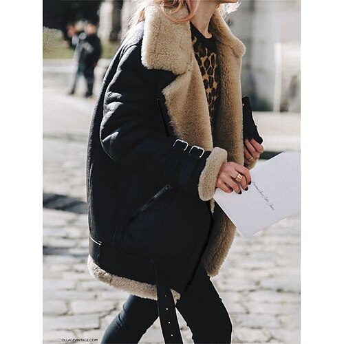 

Women's Suede Sherpa Jacket Fall Fleece Shearling Jacket Winter Zipper Lapel Coat Windproof Warm Moto Biker Jacket Street Wear Button Modern Casual Outerwear Long Sleeve