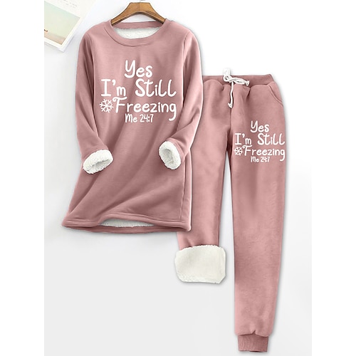 

Women's Pajama Top and Pant Letter Warm Comfort Soft Home Daily Bed Fleece Warm Breathable Crew Neck Long Sleeve Pullover Pant Elastic Waist Fall Winter Pink Blue