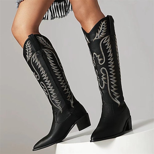 

Damen Stiefel Cowboy Westernstiefel Übergrössen Outdoor Täglich Kniehohe Stiefel Winter Stickerei Blockabsatz Spitze Zehe Vintage Modisch Brautkleider schlicht PU Stickerei Schwarz Weiß