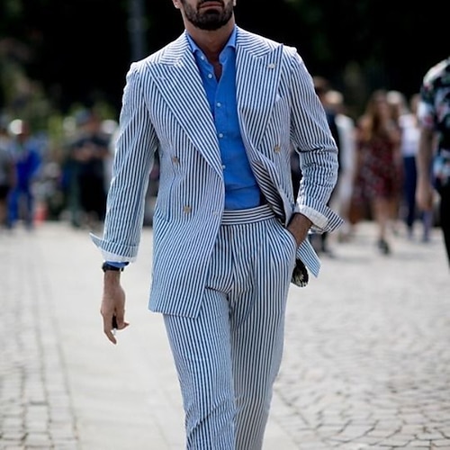 

Trajes de boda de seersucker para hombre de color azul claro, trajes de primavera y verano a rayas, 2 piezas, informales, de talla grande, cruzado, seis botones, 2023