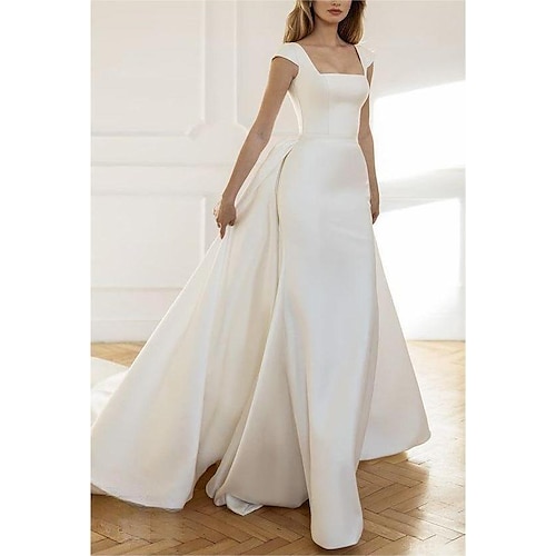 TS Beach Casual Formal Wedding Dresses Mermaid Square Neck Regular Straps Sweep / Brush Train Taffeta OverSkirts Bridal Gowns With Solid Color 2025