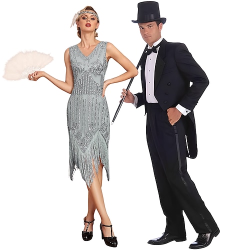 Roaring 20s Costumes for Couples Gangster Gentleman Flapper Girls Couples Costume Suits Tailcoat Flapper Dress 1920s Fancy Dress The Great Gatsby Outfit Carnival Masquerade Evening Cocktail Party 2024...