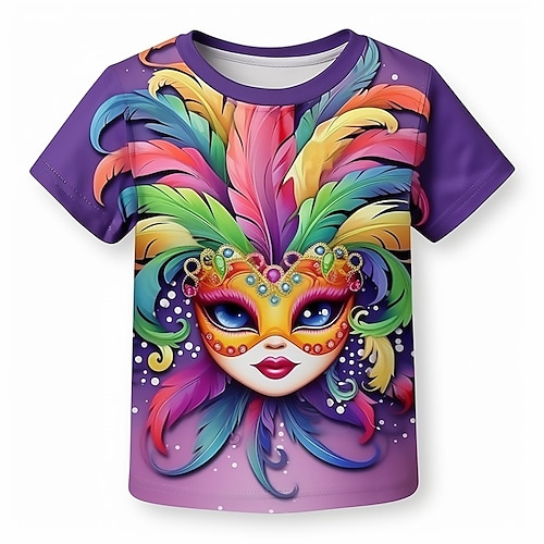 

Carnival Girls' 3D Mask Tee Shirt Short Sleeve 3D Print Summer Spring Active Fashion Cute Polyester Kids 3-12 Years Crew Neck Outdoor Casual Daily Regular Fit