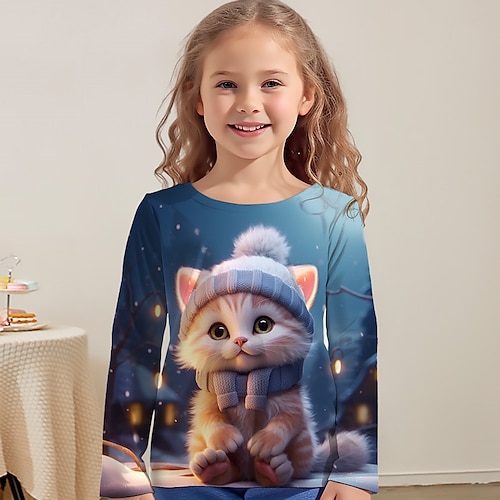 

Girls' 3D Cat Tee Shirt Long Sleeve 3D Print Fall Winter Active Fashion Cute Polyester Kids 3-12 Years Crew Neck Outdoor Casual Daily Regular Fit