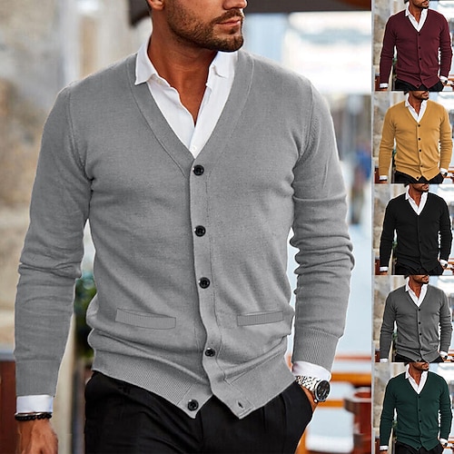 

Men's Sweater Cropped Sweater Cardigan Sweater Ribbed Knit Cropped Knitted Solid Color V Neck Modern Contemporary Casual Daily Wear Clothing Apparel Fall Winter Black White S M L