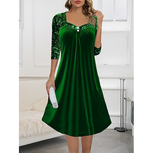 

Women's Green Christmas Party Dress Velvet Dress Sparkly Sequin Dress Party Dress Wine Blue Green 3/4 Length Sleeve Sequins Square Neck Fashion Winter Dress