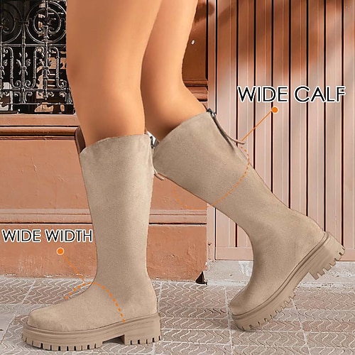 

Women's Boots Biker boots Wide Calf Boots Plus Size Outdoor Daily Knee High Boots Platform Flat Heel Round Toe Elegant Vacation Vintage PU Zipper Black Khaki