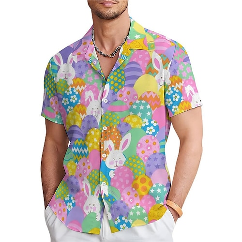 

Rabbit Bunny Egg Casual Men's Shirt Daily Wear Going out Weekend Summer Turndown Short Sleeves Blue, Purple, Green S, M, L 4-Way Stretch Fabric Shirt Easter