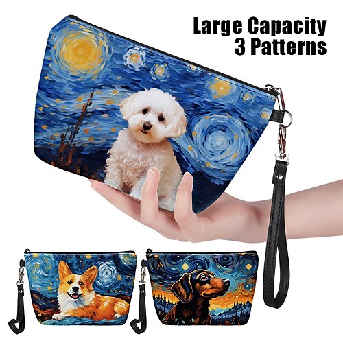 

Women's Makeup Bag Pen Bag Wristlet Cosmetic Bag PU Leather Daily Holiday Travel Print Large Capacity Lightweight Durable Dog Navy Blue Royal Blue Blue