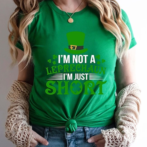 

Women's T shirt Tee Cotton Shamrock Letter Party St.Patrick's Day Holiday Black White Dark Green Print Short Sleeve Classic Round Neck I'm Not a Leprechaun I'm Just Short St. Patrick's Day Shirt