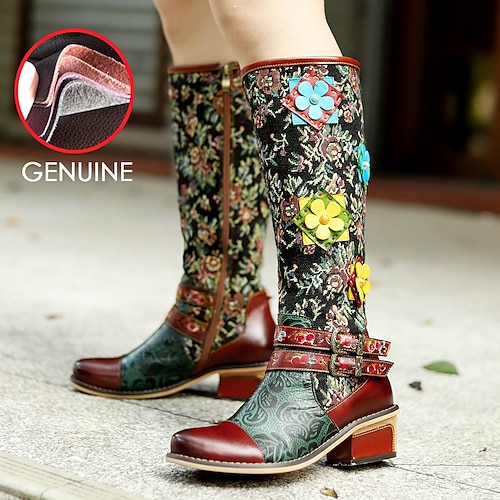 

Mulheres Botas Botas Cowboy sapatos feitos à mão Diário Floral Botas Longas Inverno Ziper Flor Salto Robusto Ponta Redonda Vintage Casual Boêmia Couro Poliester zíper Castanho Escuro