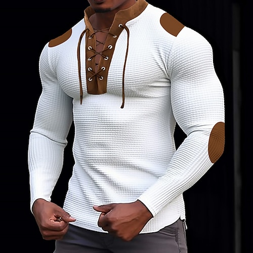 

Men's T shirt Tee Waffle Knit Tee Tee Top Long Sleeve Shirt Color Block Standing Collar Street Vacation Long Sleeve Lace up Patchwork Clothing Apparel Fashion Designer Basic
