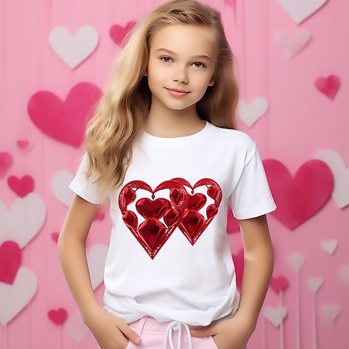 

Valentines Girls' 3D Heart Tee Shirt Short Sleeve 3D Print Summer Spring Active Fashion Cute Polyester Kids 3-12 Years Crew Neck Outdoor Casual Daily Regular Fit