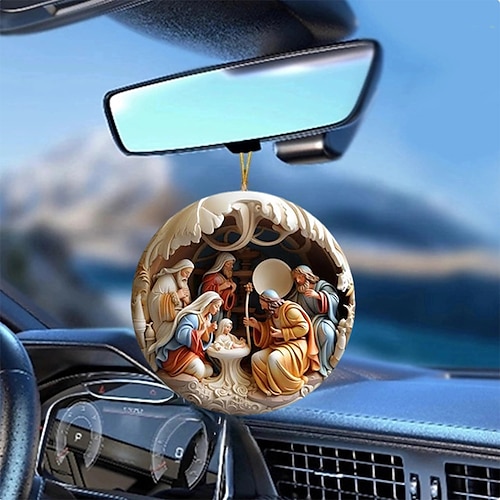 

Nativity Scene Car Hanging Ornament,Acrylic 2D Flat Printed Keychain, Optional Acrylic Ornament and Car Rear View Mirror Accessories Memorial Gifts Pack
