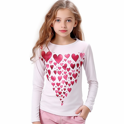 

Valentines Girls' 3D Heart Tee Shirt Pink Long Sleeve 3D Print Fall Winter Active Fashion Cute Polyester Kids 3-12 Years Crew Neck Outdoor Casual Daily Regular Fit