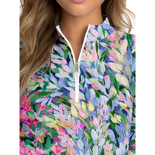  Women's Golf Polo Shirt Blue Long Sleeve Top Floral Ladies Golf Attire Clothes Outfits Wear Apparel