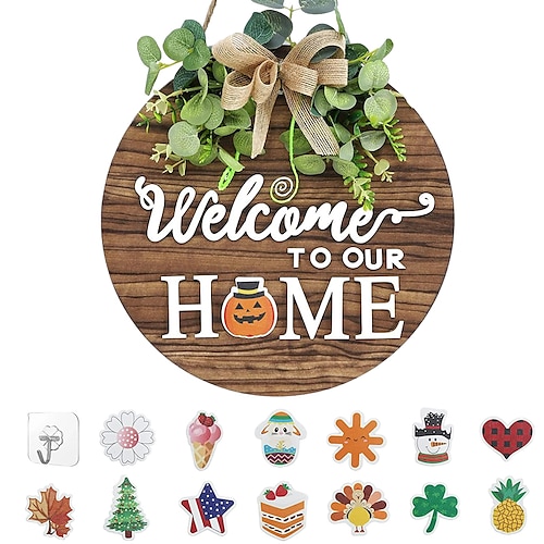 

pc Wooden Plaque Interchangeable Seasonal Welcome Sign Front Door Decoration Festive Style Round Wooden Wreath Wall Hanging Outdoors Walls Porches Suitable For Spring Summer Fall Four Seasons