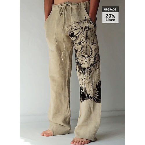 

Men's Linen Pants Trousers Summer Pants Beach Pants Drawstring Elastic Waist 3D Print Animal Lion Graphic Prints Comfort Casual Daily Holiday 20% Linen Streetwear Hawaiian Blue Green