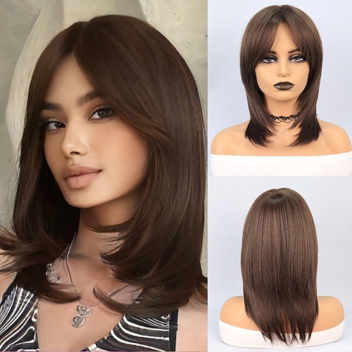 

Cosplay Costume Wig Synthetic Wig Straight Bob Layered Haircut Machine Made Wig 16 inch Light Brown Synthetic Hair Women's Brown