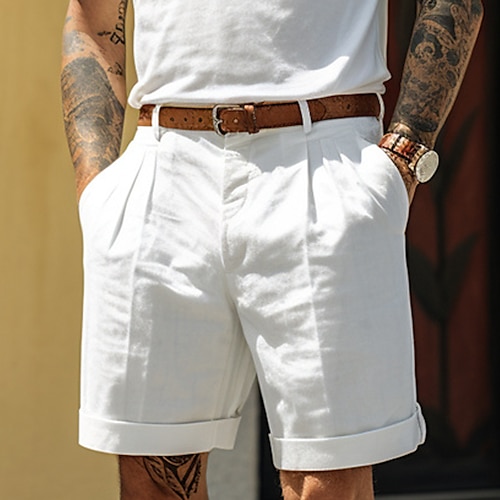 

Men's Shorts Linen Shorts Summer Shorts Pleated Shorts Pocket Pleats Straight Leg Plain Comfort Breathable Short Casual Daily Holiday Fashion Designer Black White
