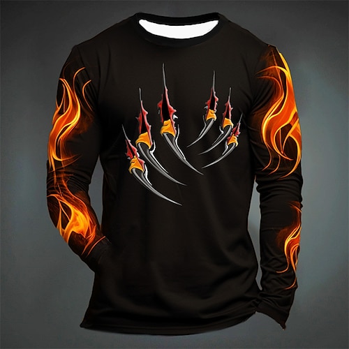 

Graphic Flame Paw Fashion Designer Casual Men's 3D Print T shirt Tee Sports Outdoor Holiday Going out T shirt Black Yellow Dark Green Long Sleeve Crew Neck Shirt Spring & Fall Clothing Apparel S M L