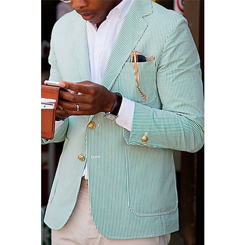 

Men's Blazer Business Cocktail Party Wedding Party Fashion Casual Spring & Fall Polyester Plaid Stripes Button Pocket Comfortable Single Breasted Blazer Pink Blue Green