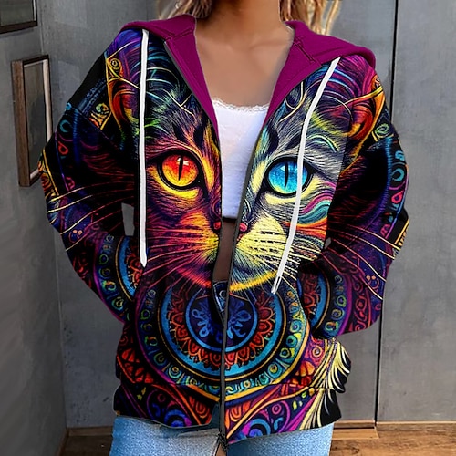 Sudadera con capucha y cremallera para mujer, sudadera deportiva informal con estampado de gato, cordón, cremallera, ropa deportiva divertida, sudadera con capucha de manga larga, microelástica,