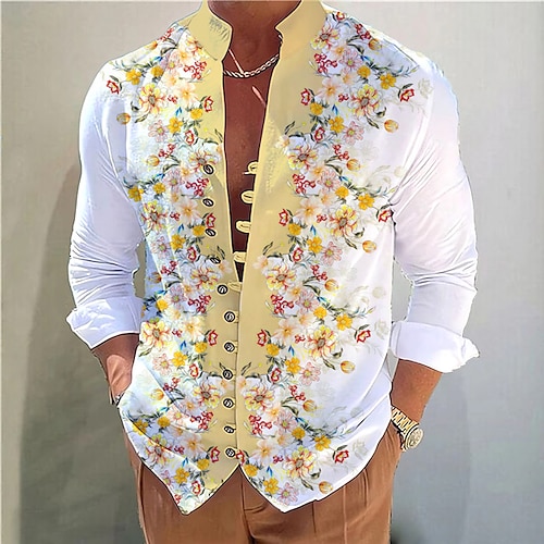 

Floral Casual Men's Shirt Daily Wear Going out Weekend Spring & Summer Standing Collar Long Sleeve Yellow, Pink, Blue S, M, L Washable Cotton Fabric Shirt