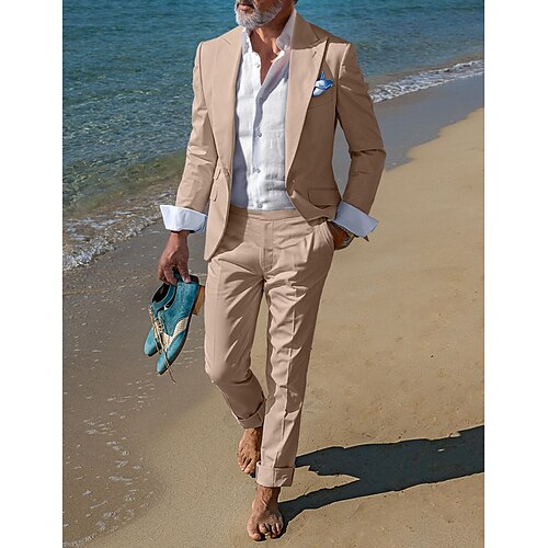 

Pink Sky Blue Dark Blue Men's Beach Wedding Linen Suits Solid Colored 2 Piece Fashion Casual Tailored Fit Single Breasted One-button 2023