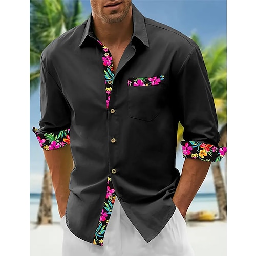 

Men's Shirt Linen Shirt Button Up Shirt Beach Shirt Black Pink Blue Long Sleeve Floral Lapel Spring & Fall Casual Daily Clothing Apparel Splice