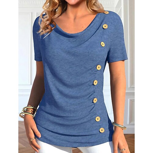 

Dames T-shirt Blouse Effen Casual Zwart Rood Marineblauw nappi Korte mouw Elegant Vintage Modieus Ronde hals Normale pasvorm