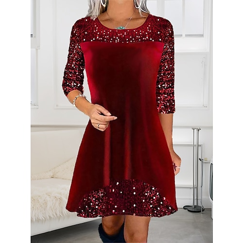 

Women's Velvet Dress Sequin Dress Party Dress Mini Dress Wine Long Sleeve Pure Color Sequins Spring Fall Winter Crew Neck Fashion Christmas Wedding Guest Summer Dress 2023 S M L XL XXL 3XL