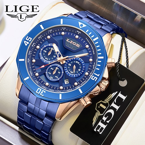 

LIGE Men Quartz Watch Diamond Luxury Large Dial Business Calendar Date Zinc alloy Watch