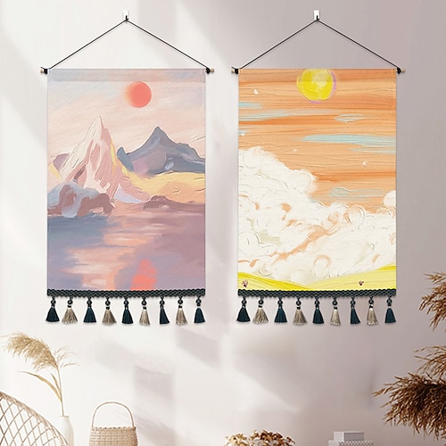 

Landscape Painting Woven Bohemian Wall Tapestry Art Decor Blanket Curtain Hanging Home Bedroom Living Room Decoration Nordic Cotton Linen Tassel