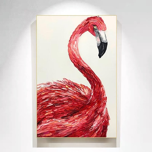 

Red Flamingo Knife Art Handpainted Nursery Wall Art Canvas Girls's Room Decor Handmade Bird Wall Art Original Oil Painting for Living Room Stretched Canvas