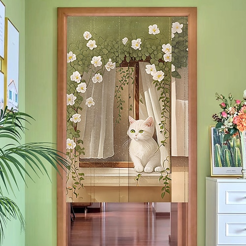 

Japanese Noren Curtain Door Cover Doorway Curtain Panel Traditional Floral Cat Painting Door Tapestry Room Divider Curtains for Kitchen Sushi Bathroom Livingroom Bedroom