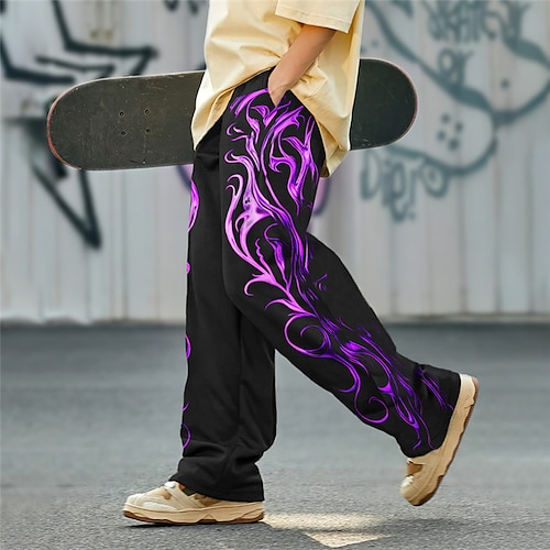 

Flame Abstract Men's 3D Print Pants Trousers Outdoor Street Going out Polyester Yellow Red Blue S M L Mid Waist Elasticity Pants
