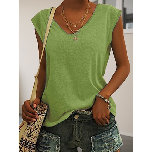

женская блузка футболка базовая однотонная повседневная с v-образным вырезом без рукавов обычная летняя зеленая белая черная синяя розовая