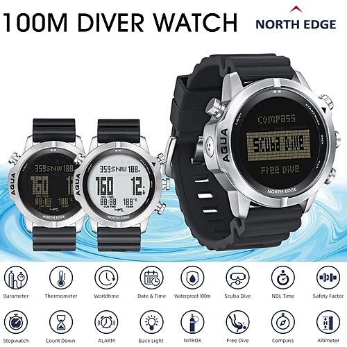 

Reloj de buceo digital North Edge aqua, reloj con ordenador de buceo, relojes de buceo, relojes de pulsera para hombre con brújula, altímetro y barómetro