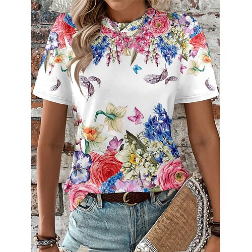 

Damen T Shirt Blumen Täglich Wochenende Schwarz Weiß Blau Bedruckt Kurzarm Modisch Rundhalsausschnitt Regular Fit Sommer