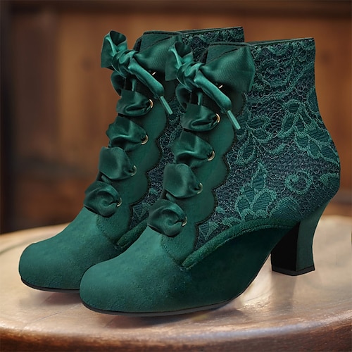 

Women's Boots Plus Size Heel Boots Party Outdoor Valentine's Day Booties Ankle Boots Lace Kitten Heel Round Toe Elegant Vintage Fashion Lace Lace-up Black Red Green