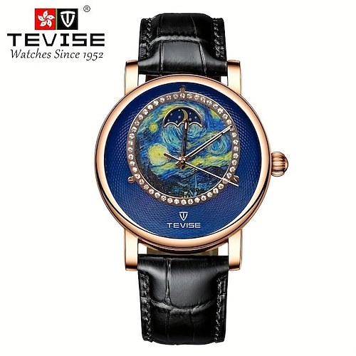 

Tevise Men Mechanical Watch Luxury Fashion Business Wristwatch Automatic Self-winding Moon phase Luminous Waterproof Leather Watch